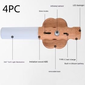 Rechargeable Wood Grain Infrared Sensor Lamp Smart Home Magnetic Induction Wall Lamp (Option: 2.5W 4PC-Warm Light)