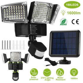 Solar Lights Outdoor 188 LEDs 1600lm Solar Security Lights Motion Sensor Lights 270°Lighting Angle Waterproof (Color: Black)